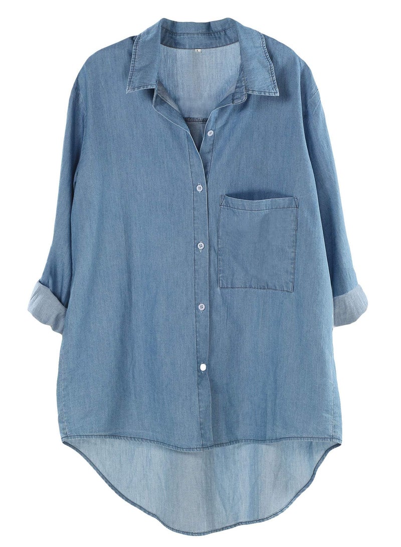 Minibee Women's Casual Cotton Linen Blouse Plus Size High Low Shirt Long Sleeve Tops Denim Blue - Image 1